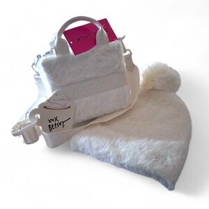 Betsey Johnson Apres Ski Faux Fur Tote Bag 4-Piece Set White NWT